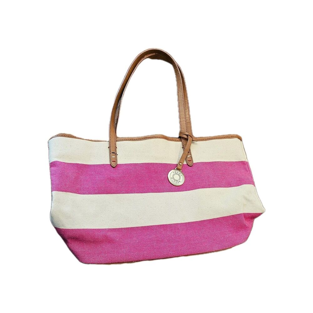 TOMMY HILFIGER Nautical Preppy Pink Striped Shoulder Bag Tote Canvas Logo Charm